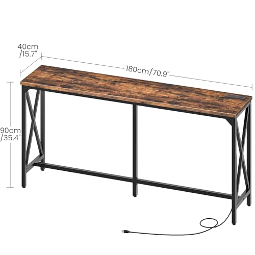 70.9-Inch Industrial Style Bar Table with Power Outlet and Footrest - Rustic Brown & Black
