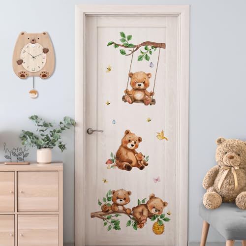 Yovkky Woodland Animals Bear Wall Decals Stickers, Forest Cute Birds Branch Swing Honeycomb Infant Neutral Toddler Baby Nursery Decor, Butterfly Bee Leaves Mushroom Decorations Kids Bedroom Playroom
