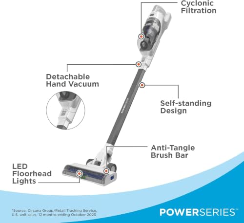 Cordless Stick Vacuum Cleaner - 16V Max, Multi-Surface, LED Lights, Lightweight, Self-Standing, Anti-Tangle - Black+Decker PowerSeries