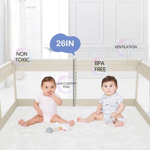 Baby Playpen 47x47 Inch Beige - Safety Mesh Play Yard with Storage & Suction Cups