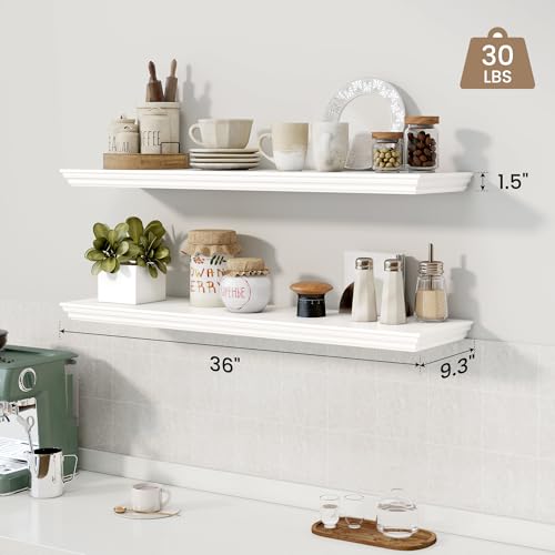 White 36 Inch Floating Shelves Set of 2 with Crown Molding, 9.3" Deep Wall Shelves