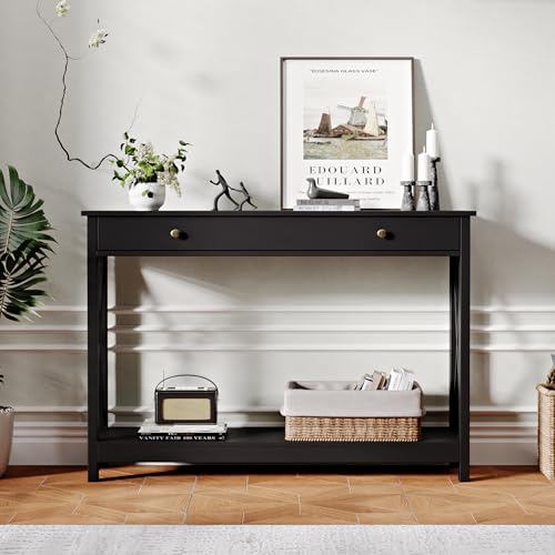 Treocho Black Console Table with Drawer & Shelves - 40.1" Wide Entryway Sofa Table
