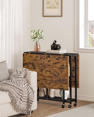 Folding Dining Table with Wheels & Two-Tier Shelf - Rustic Brown