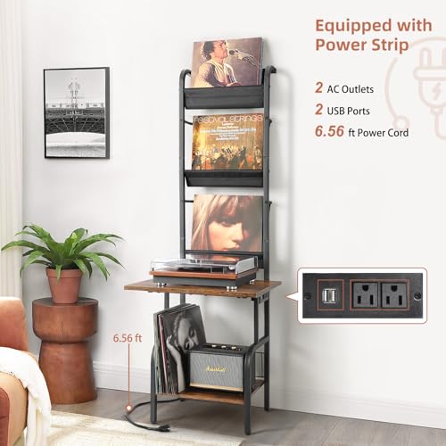Tewinko Record Player Stand with Power Outlet & Vinyl Storage - Black & Brown