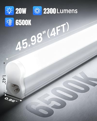 T5 LED Shop Lights 4FT 20W 2300lm 6500K - 6 Pack, Linkable Garage & Workshop Lighting