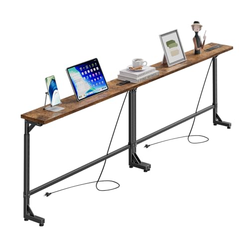 Simple Trending 78.75-Inch Narrow Console Table with Outlets, Adjustable Height Rustic Brown Sofa Side Table