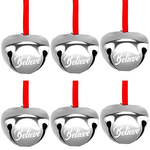 FOIMAS 30pcs 1.6in Believe Bells Ornament Silver with Red Ribbon for Christmas Tree