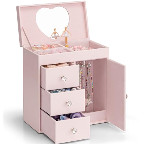 VLANDO Light Pink 4-Layer Musical Jewelry Box with 3 Drawers & Necklace Hook