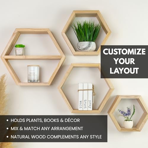 Natural Hexagon Floating Shelves Set of 4 - Honeycomb Wall Storage with Hardware