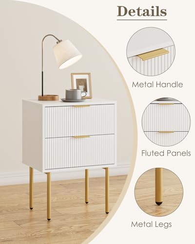 Aienvey Nightstand with 2 Drawers - White & Gold Frame, Modern Bedroom Side Table