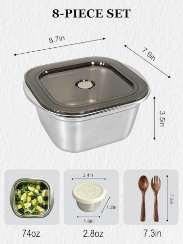 Stainless Steel Salad Bowl Kit with Leak-Proof Dressing Cups - 74oz