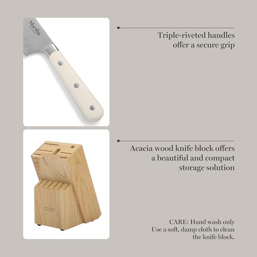 High Carbon Stainless Steel Knife Set with Acacia Wood Block - Linen White, 14 Pieces - Knife Block Set