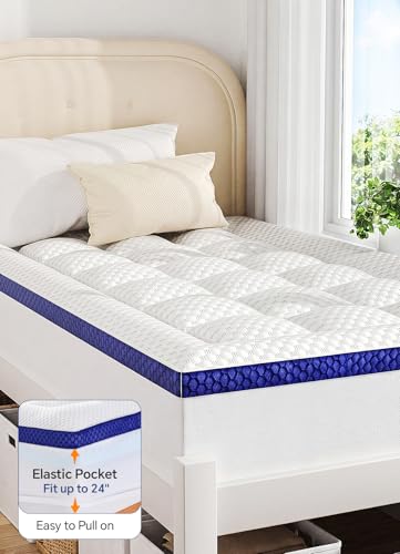 BEDELITE Twin XL Memory Foam Mattress Topper 4 Inch Dual Layer Cooling Bed Accessory White