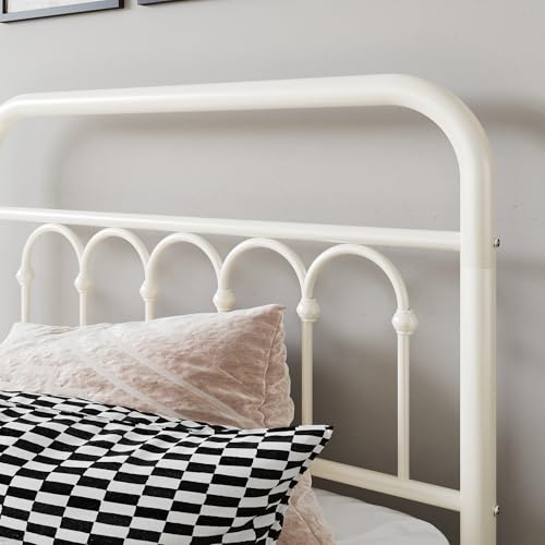 Allewie Twin Size Cream Metal Platform Bed Frame with Headboard - Victorian Style