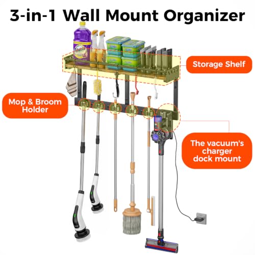 Broom Holder Wall Mount with Shelf - Extra Large 3-in-1 Organizer, Black, L