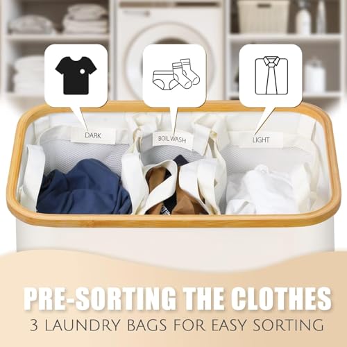 Bathola Beige 145L Large Laundry Hamper with Lid & 3 Removable Bins
