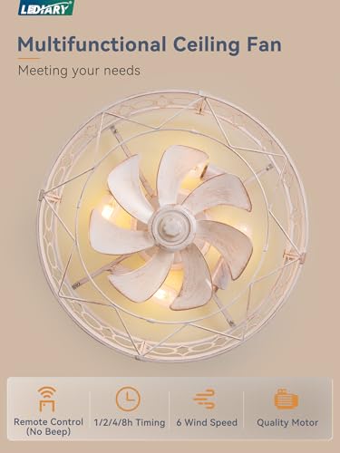 LEDIARY 20in Caged Low Profile Ceiling Fan Light with Remote - White & Gold