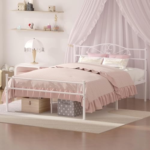 White 14 Inch Full Size Metal Platform Bed Frame with Headboard & Footboard