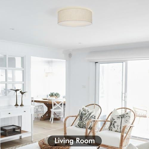 Vexagyle Linen Close to Ceiling Light Fixture - 16 Inch Modern Drum Light with Double Fabric Shade for Bedroom & Living Room