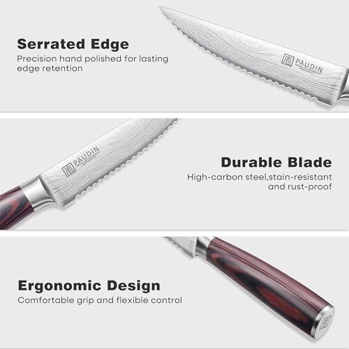 PAUDIN 4.5-Inch Steak Knives Set of 6 | Serrated High Carbon Stainless Steel