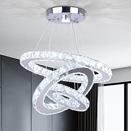 Diisunbihuo 3-Ring LED Crystal Chandelier for Dining Room Silver, Cool White Variation