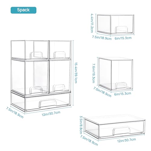 Vtopmart Stackable Plastic Storage Drawers Set of 8 with 4 Small, 2 High, 2 Wide Bins
