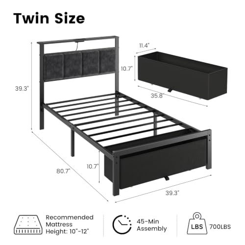 Twin Size Upholstered Bed Frame with Storage Drawers & RGB LED Headboard - Twin