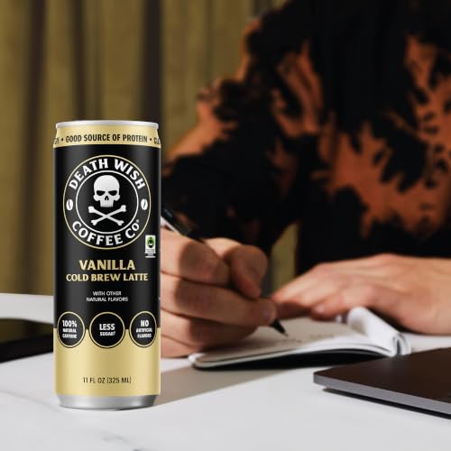 Death Wish Coffee Vanilla Cold Brew Latte 12 Pack - Fair Trade Colombian Coffee, Ready-to-Drink