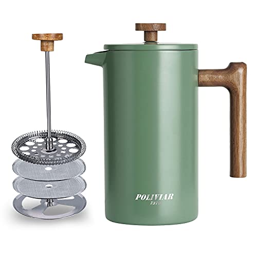 POLIVIAR French Press Coffee Maker, 34 oz with Real Wood Handle,