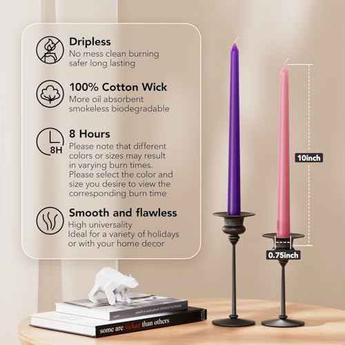 10-Inch Tall Dripless Advent Candles Set of 4, Tapered Candles, Perfect for Christmas - Smokeless, Unscented, Long Burning - Hand Poured, Colored Tall Candlesticks - Pink and Purple