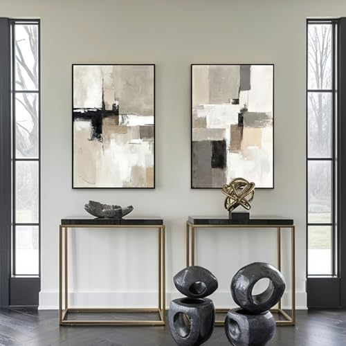 Framed Neutral Abstract Wall Art Set of 2 - 24x36 Inches, Beige Gray Black