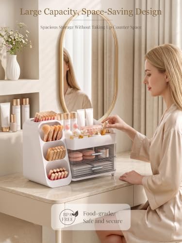 Booklov Large Makeup Organizer with Drawers and Compartments - Crystal White, L01