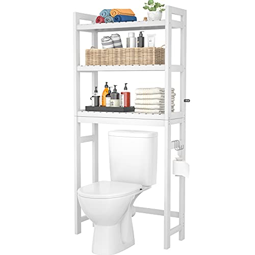 Homykic Over The Toilet Storage 3-Tier Bamboo Bathroom Shelf White 10.3"D x 24.8"W x 66.8"H