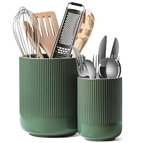 LE TAUCI Ceramic Kitchen Utensil Holder Set - Forest Green, 7.3 & 5.4 Inches, Countertop Organizer