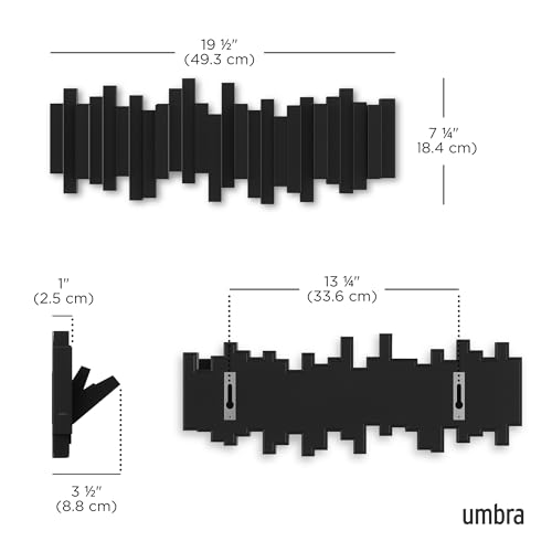 Umbra Sticks Wall Mount Coat Rack Black, 5 Flip-Down Hooks - Modern Home Organizer