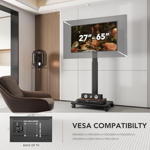 Black Portable Floor TV Stand with Wheels, 27-65 Inch Adjustable Swivel, Max 88 lbs