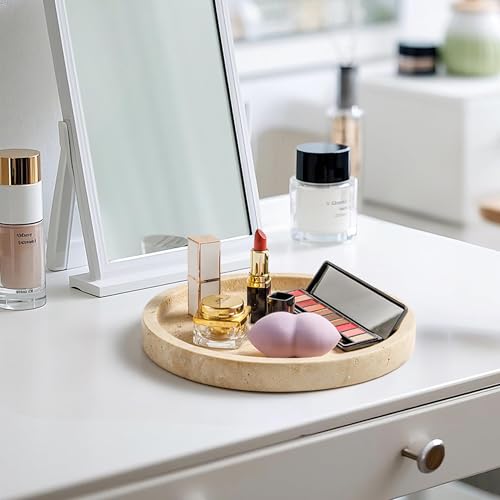 Natural Beige Marble Vanity Tray - 9.44 Inch Round Bathroom & Kitchen Organizer