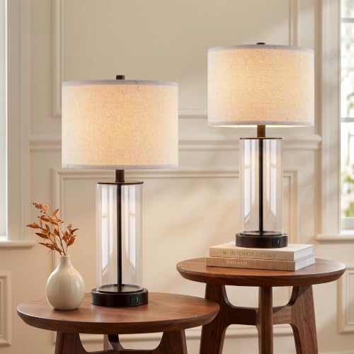 Kyrid Set of 2 23.5'' Glass Table Lamps with USB Charging & Outlets for Living Room & Bedroom