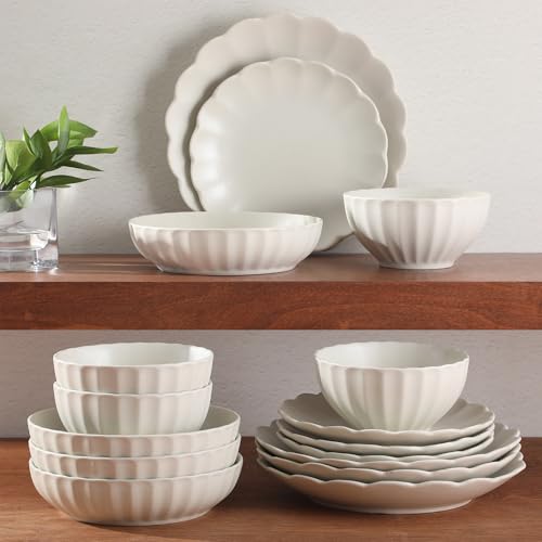 Cream White Malibu Shore 16-Piece Dinnerware Set for 4, Scalloped Edge Stoneware