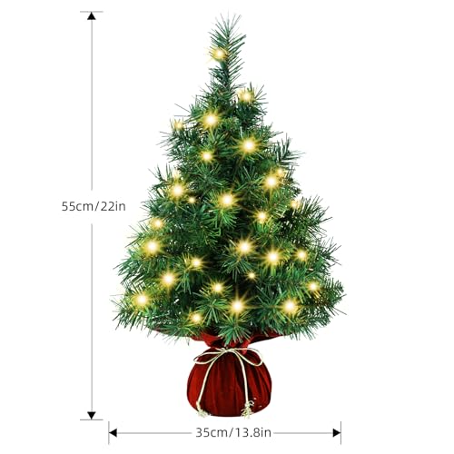 22 Inch Pre-Lit Artificial Christmas Tree with Warm White LEDs, Lush Branches & Red Velvet Base