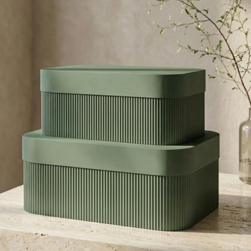 Sage Decorative Storage Boxes with Lids - Set of 2 Fluted Photo Organizer Bins