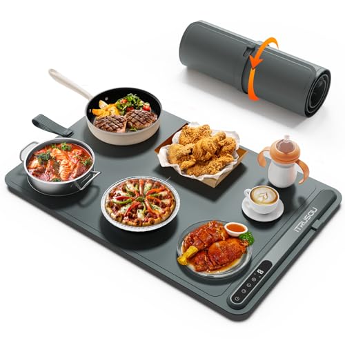 Electric Food Warming Mat 24x16 Inches - iTRUSOU 7-Level Temperature Control, Timer & Built-In Strap, Large Dark Grey