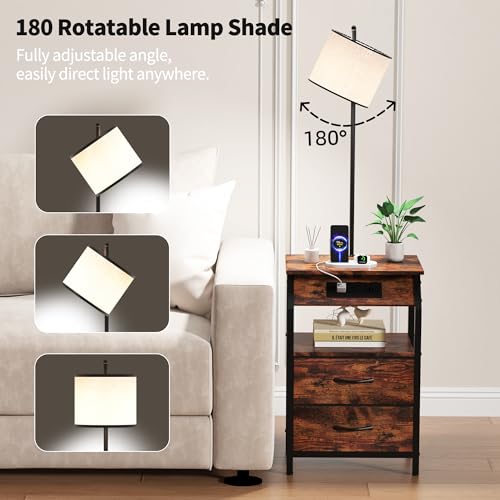 End Table with Floor Lamp and Charging Station - Brown 2 Drawers