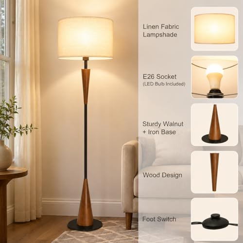Wood Floor Lamp for Living Room - 61.5 Inch Retro Farmhouse Standing Lamp with 3-Color Temperature - Brown - Includes 9W Bulb & Foot Switch