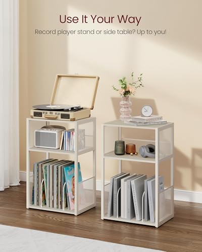 VASAGLE Rustic White 3-Tier Record Player Stand with Vinyl Storage, Holds 100 Albums