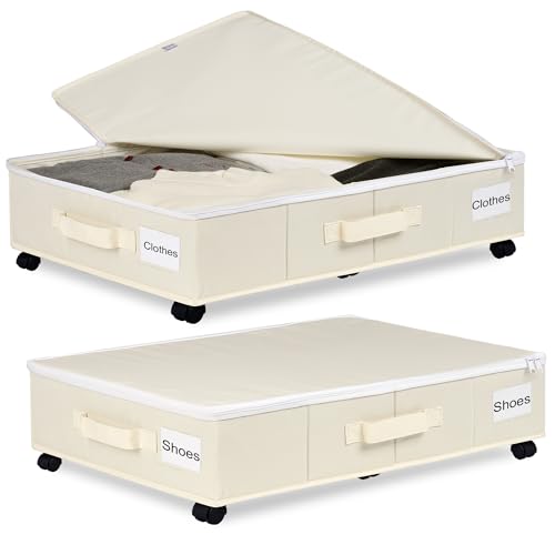 Beige Under Bed Storage Containers with Wheels - 2 Pack with Label Holders, Large Capacity, Dustproof Cover (30.71x15.7x7.28 in)