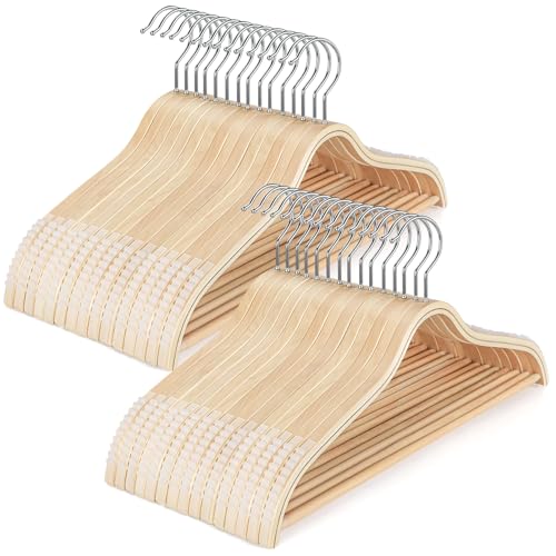 30-Pack Wooden Hangers with Non-Slip Rubber Grips and Pants Bar - Lightweight Clothes Hangers
