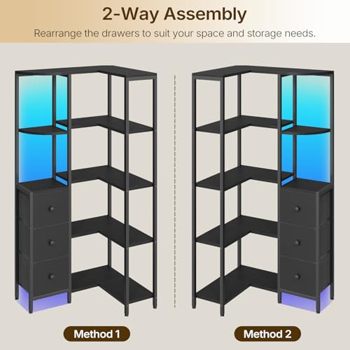 YATINEY Black Corner Bookshelf 5-Tier L-Shaped Bookcase with Fabric Drawers