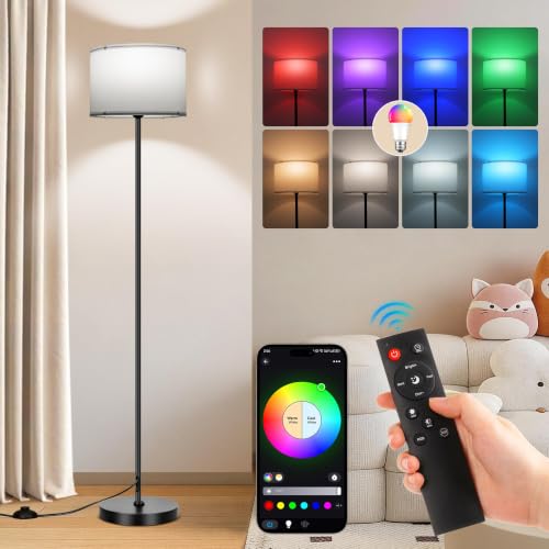 Floor Lamp for Living Room & Bedroom - White Smart RGB Dimmable Standing Light with Remote