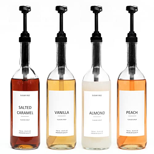 Glass Coffee Syrup Dispenser Set of 4 with Pumps & Labels - 25.4 oz / 750 ml
